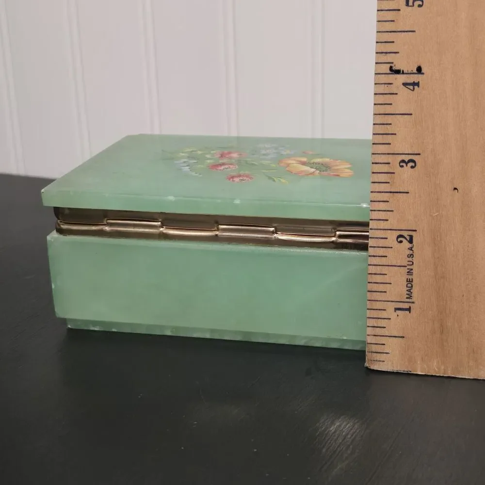 Alabaster Green ONYX Floral Keepsake Trinket‎ Box Marble Gold